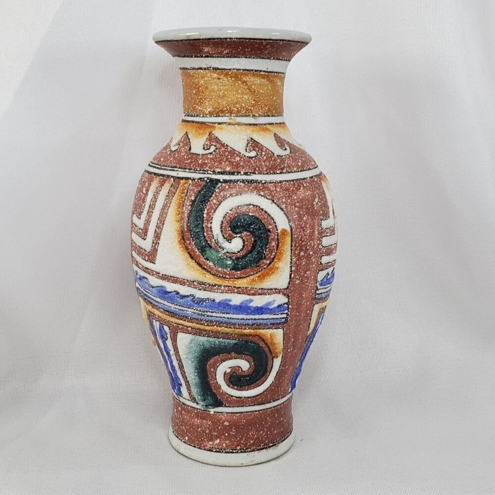 VTG Sandstone Textured Vase 6" Hand Painted Southwest Design Cream, Tan & blue